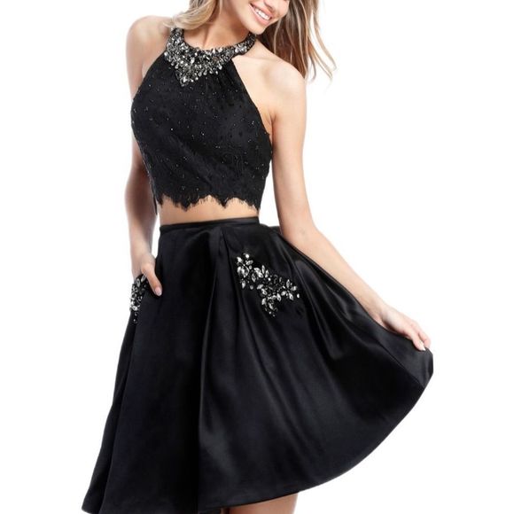 Sherri Hill black 51520 Two piece halter silk A-line mini skirt with pockets 6 - Picture 1 of 14